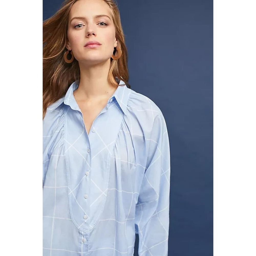 Sky Blue Mauve Anthropologie Windowpane Button Down Corporate Girlie Preppy SZ M